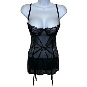 Shirley Of Hollywood Lace and Mesh Bustier Lingerie With Garter Straps Black Sm